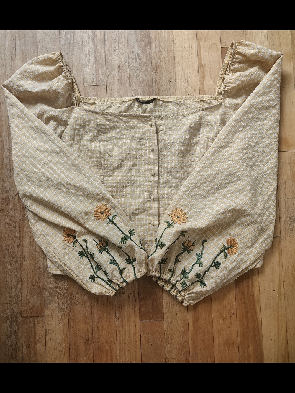 Yellow Floral Embroidered Puff-Sleeve Women's Top